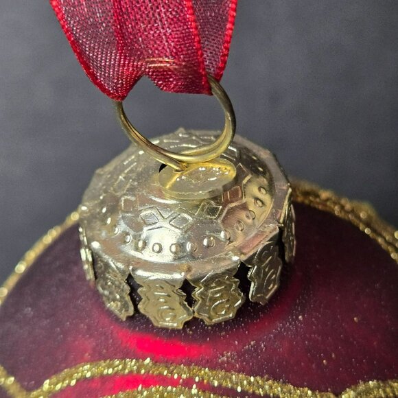 Frontgate Burgundy Gold Glass Christmas Ornament 5" Glitter Scroll Jeweled Egg - Picture 6 of 8